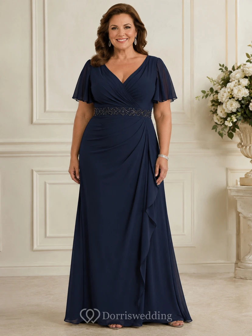 Robe de maman grande taille en mousseline de soie à manches courtes, col en V et coupe trapèze, ornée de fronces