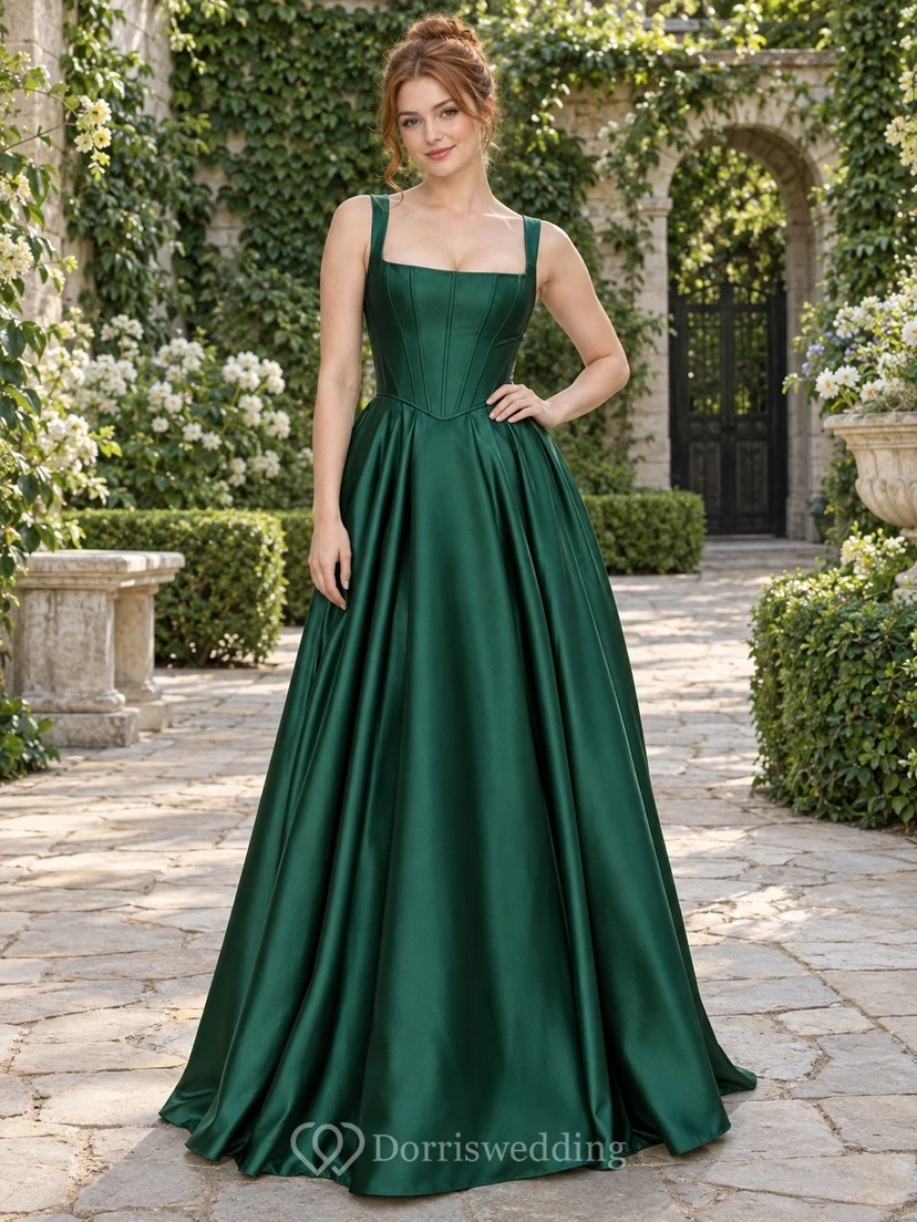 Dark Green Square Neck Simple Satin Corset A-line Long Prom Dress