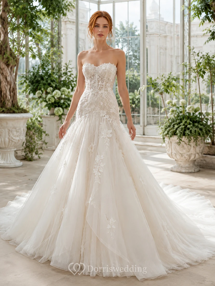 Robe de mariée bustier en dentelle florale et tulle, coupe trapèze, traîne chapelle