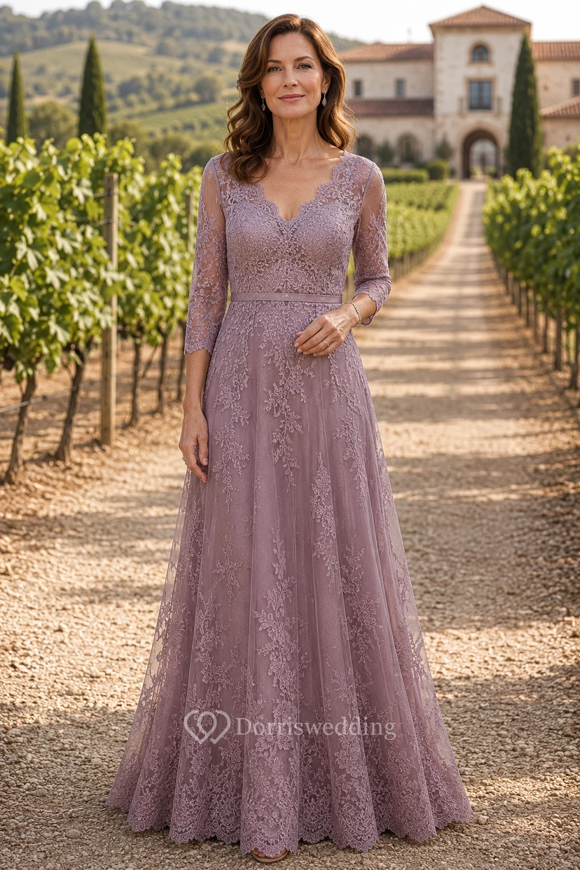 MOB Dress Mauve Lace Tulle A-Line 3/4 Sleeve V-Neck Floor Length