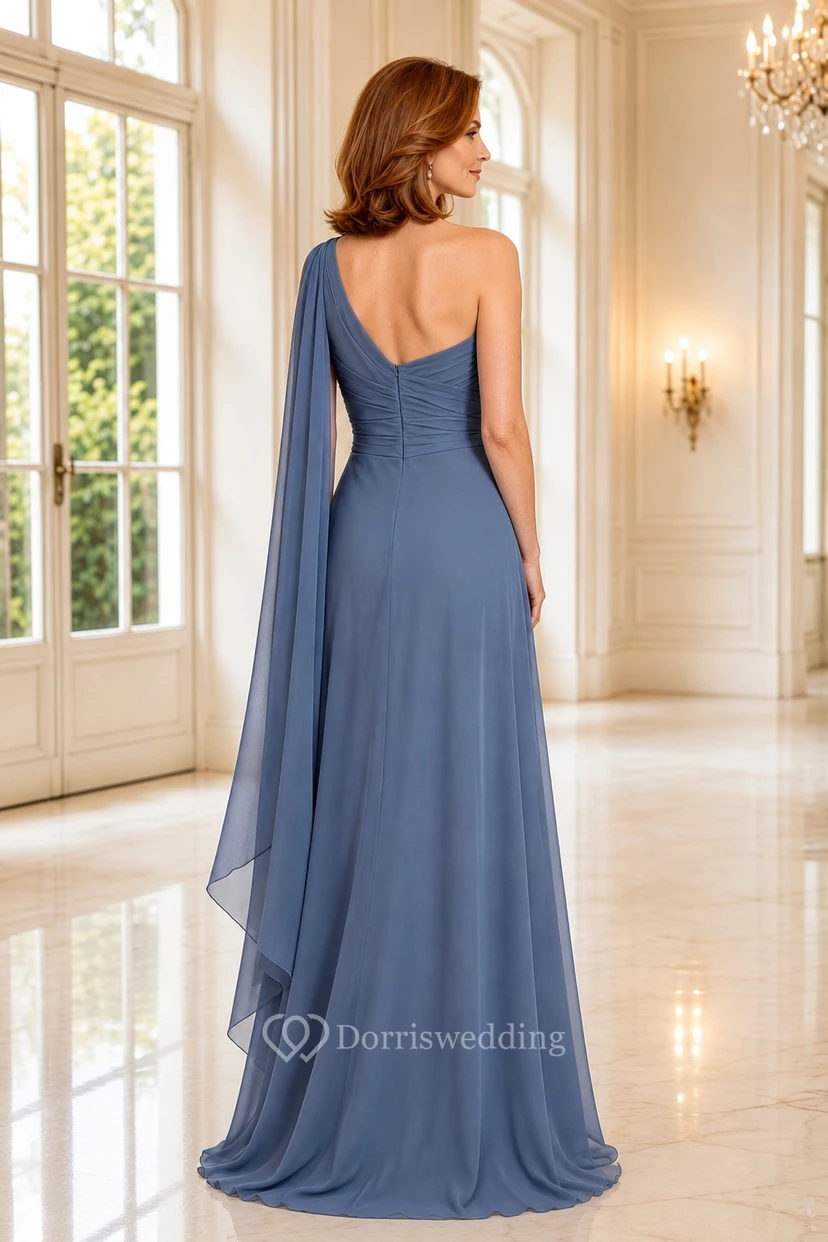 Steel Blue One Shoulder Chiffon A-Line Mother Dress With Cape Sleeve view 2