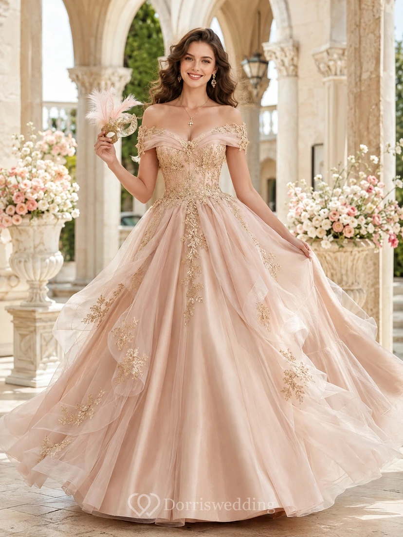 Romantic Blush Off-Shoulder Sweetheart Applique Tulle Ball Gown Sweep Train Masquerade Dress