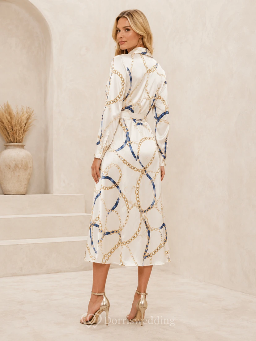 Vestido midi de satén con cuello camisero y estampado de cadena color crema view 2