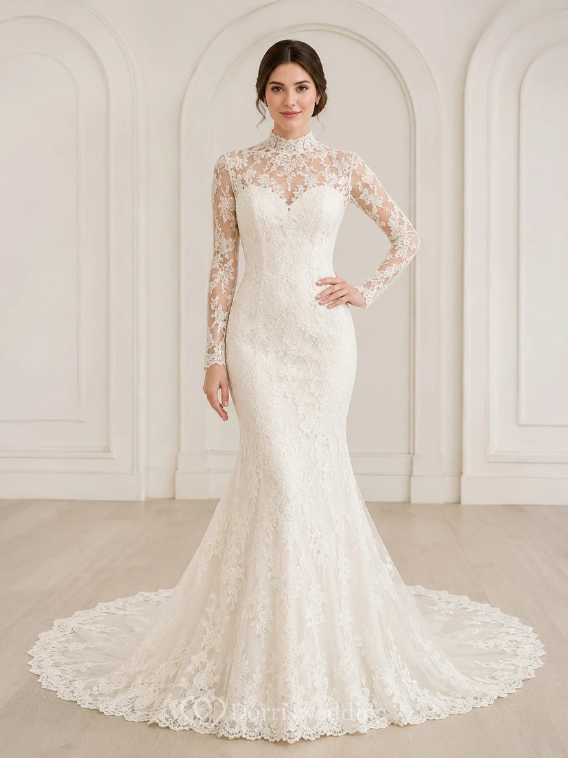 Vestido de novia de estilo sirena modesto, manga larga, cuello alto, encaje floral, estilo catedral.