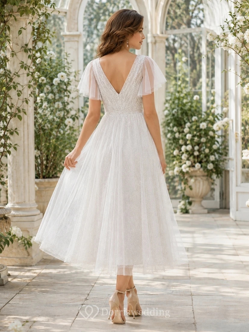 Vestido de cóctel romántico de tul con escote en V, mangas con volantes y corte en A, largo hasta la rodilla. view 2