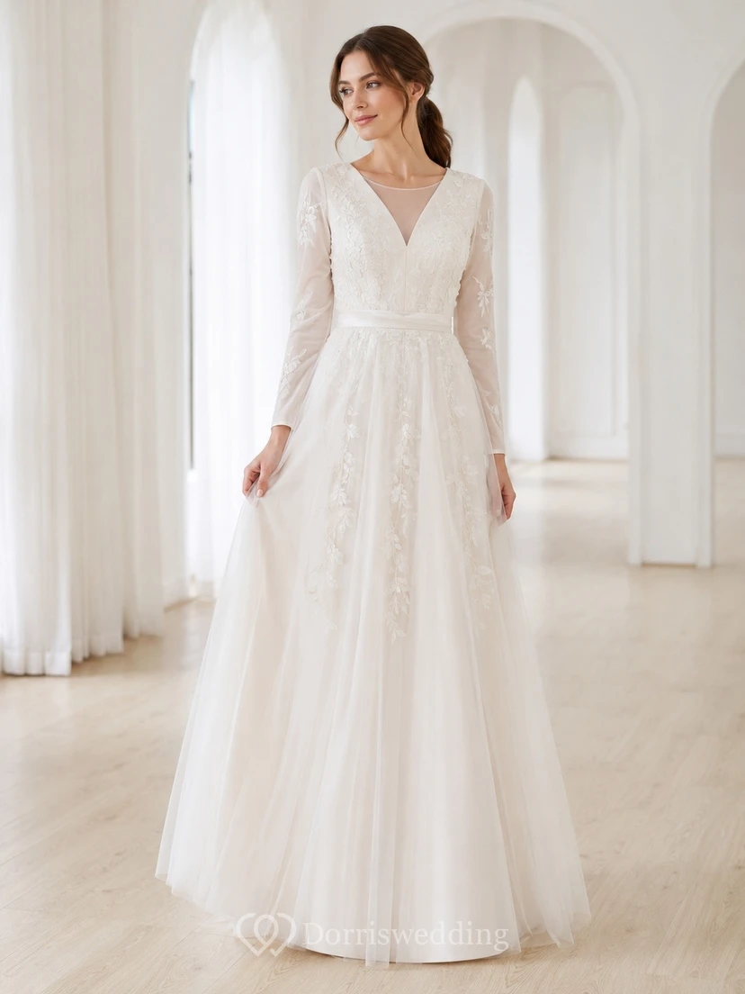 V-neck Long Sleeve Lace Floor-length A-line Romantic Elegant Wedding Formal Dress