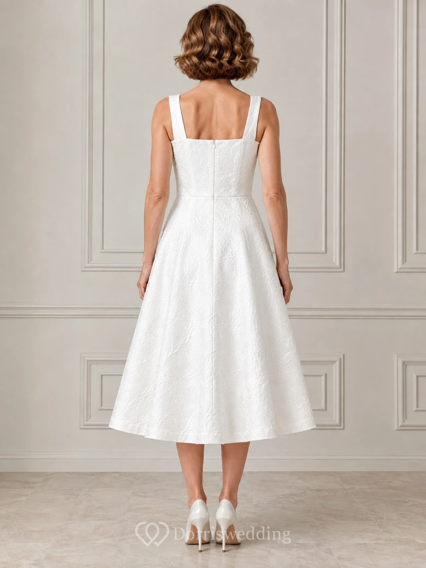 White Square Neck Strapped Vintage Textured Taffeta A-Line Tea-Length Formal Dress view 2