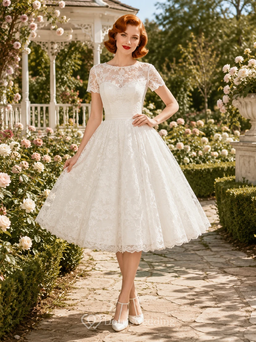 Vintage Lace Cap Sleeve Tea-Length A-Line Wedding Dress