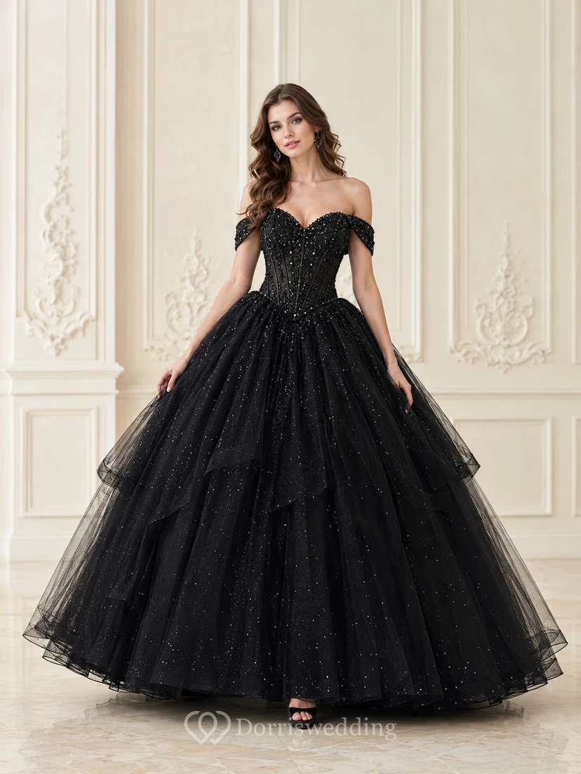 Black Sparkle Off-Shoulder Ball-Gown Floor-Length Short-Sleeve Tulle Luxury Quinceanera Gown