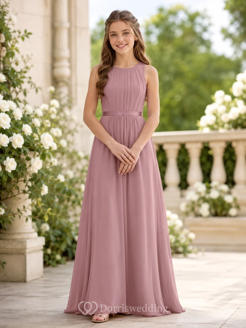 Vestido de dama de honor juvenil color rosa empolvado, corte en A, sin mangas, color joya.