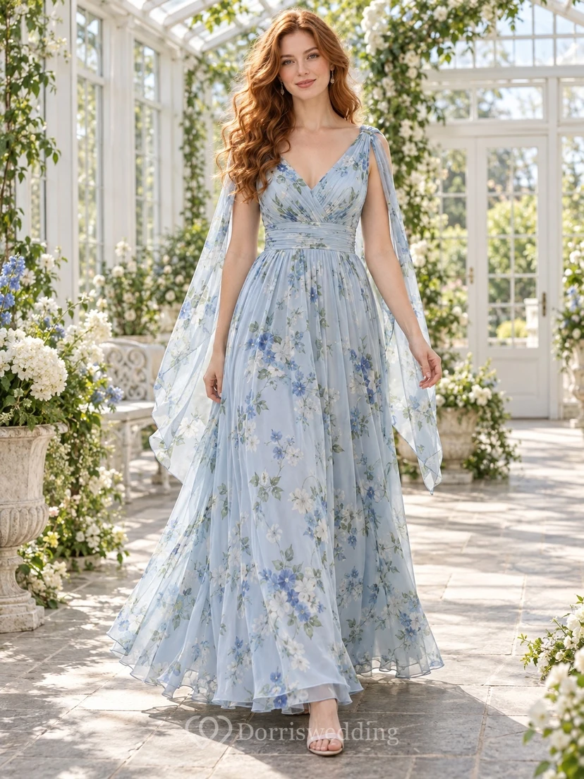 Sky Blue Floral Print Removable Shoulder Drape V-Neck Floor-Length Chiffon Bridesmaid Dress
