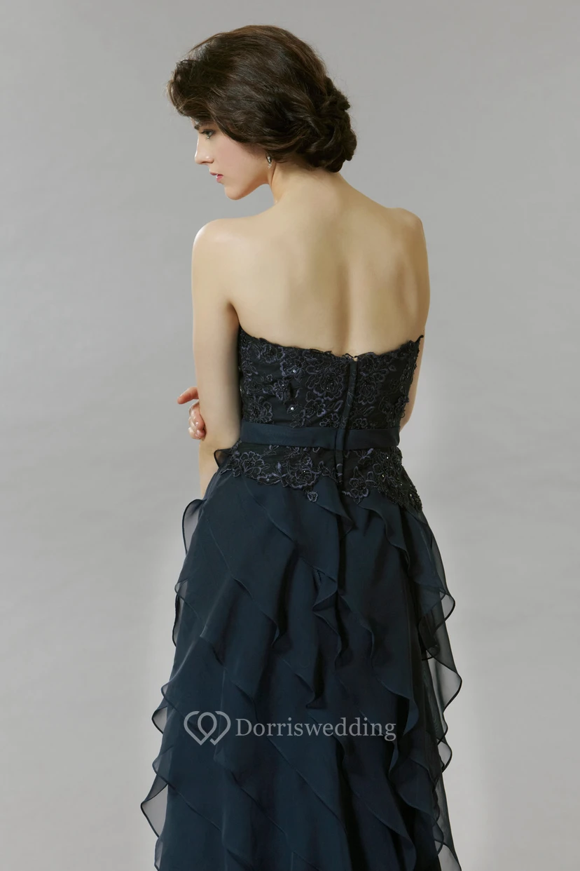 A-Line Strapless Floor-Length Sleeveless Lace Chiffon Prom Dress With Backless Style And Tiers view 4