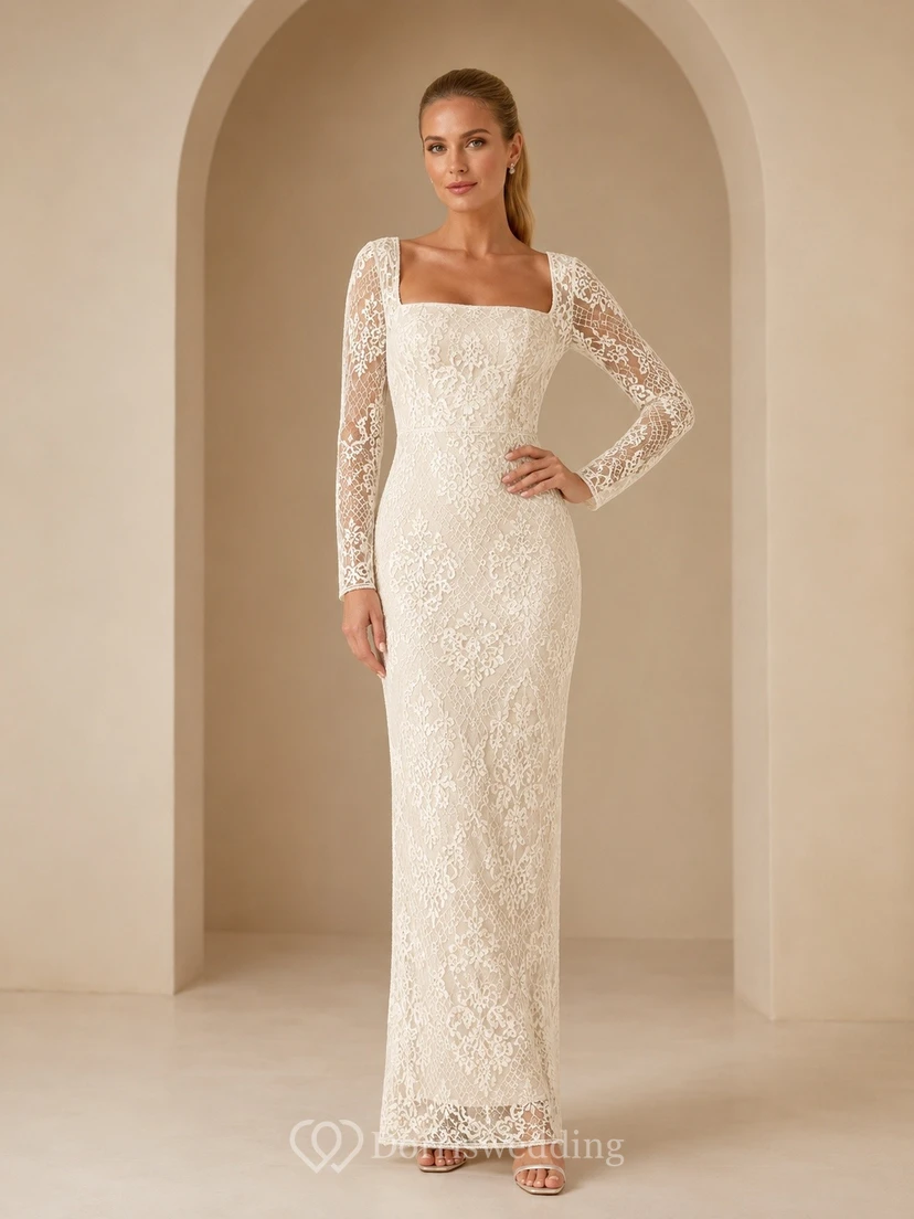 Elegant Lace Square Neck Long Sleeve Floor Length Wedding Gown
