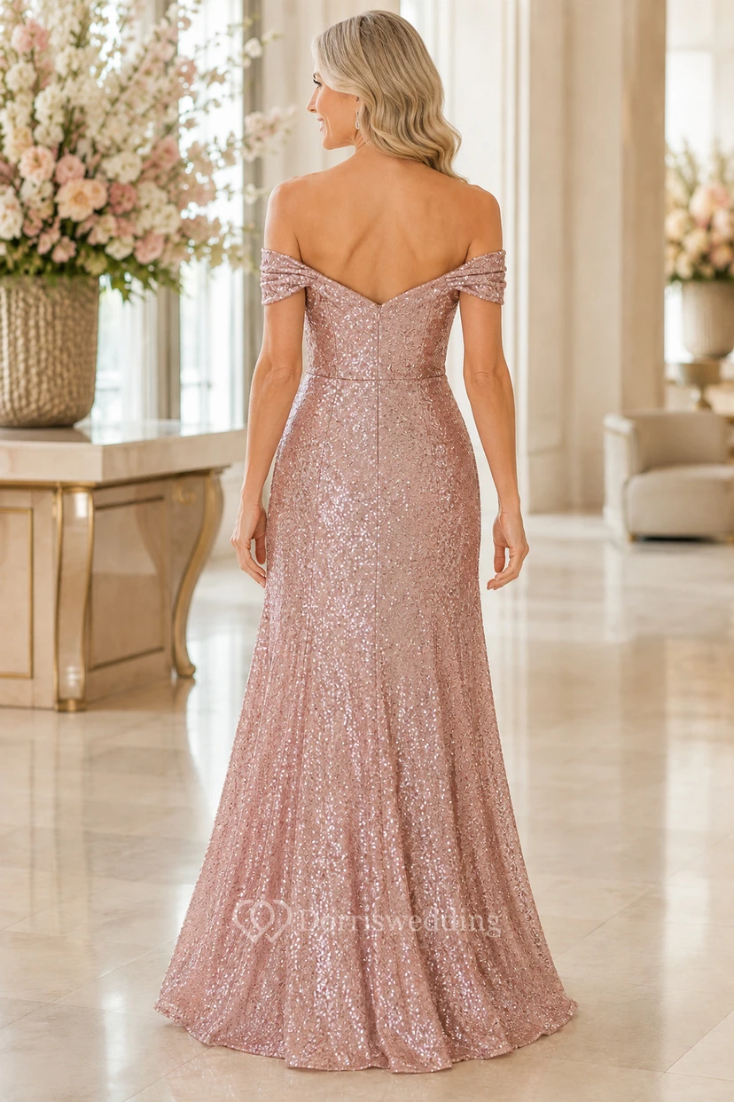 Roségoldenes, paillettenbesetztes schulterfreies A-Linien-Kleid für Mütter view 2