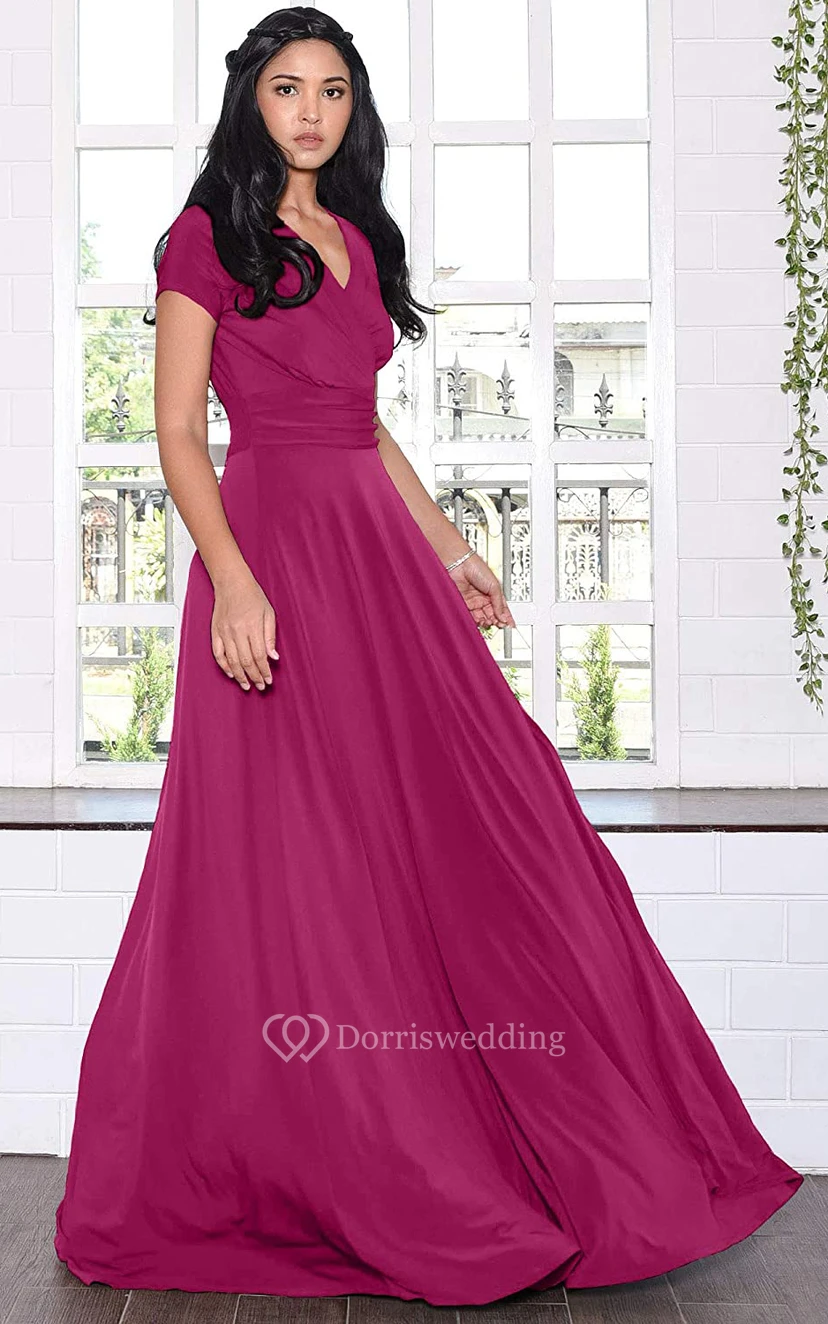 Modern Jersey V-neck Short Sleeve Mother Dress With Criss Cross and Pleats view 2