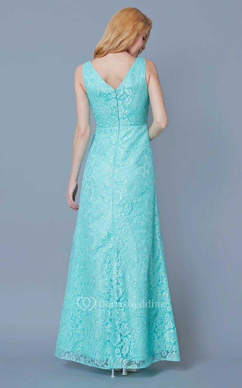 Form Fitted Sleeveless Long Lace Dress With Ruching view 3