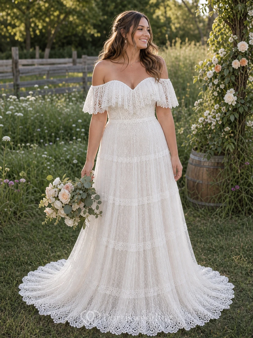 Boho Off-the-Shoulder Lace Vintage Wedding Dress with Layered Skirt view 11