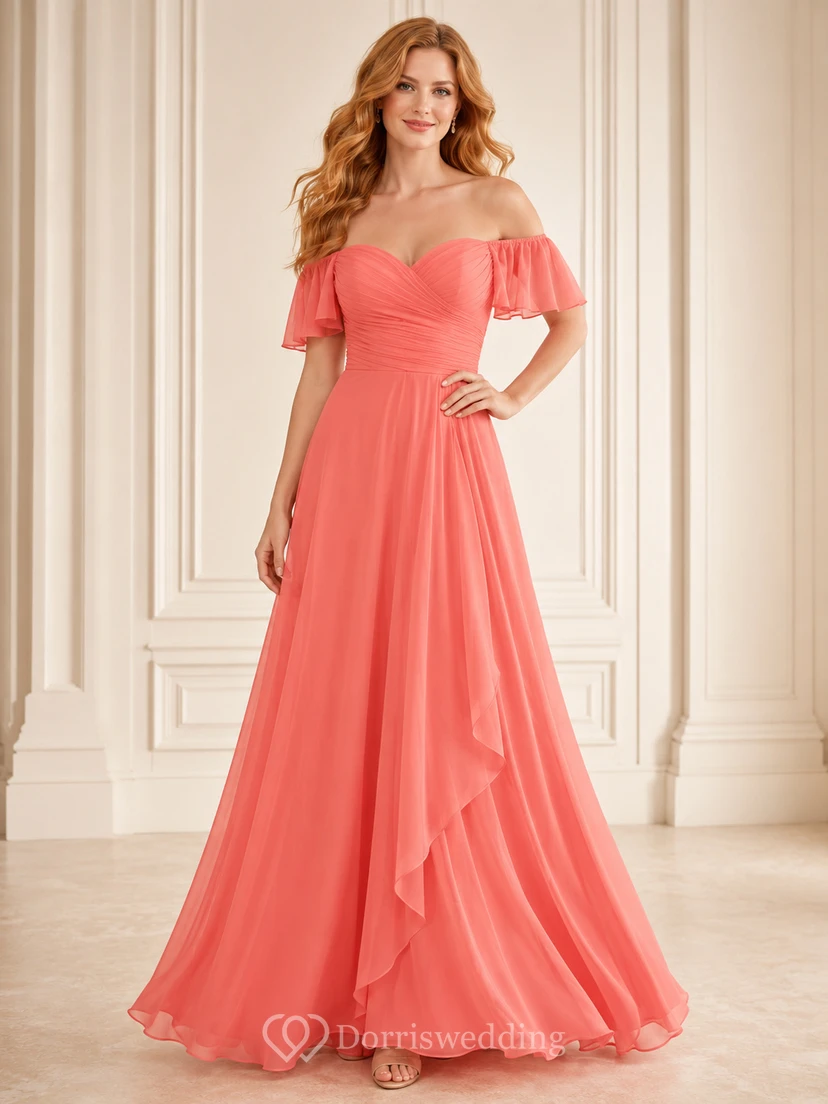 Romantisches korallenfarbenes Brautjungfernkleid in A-Linie mit herzförmigem Ausschnitt, Chiffon und Falten.