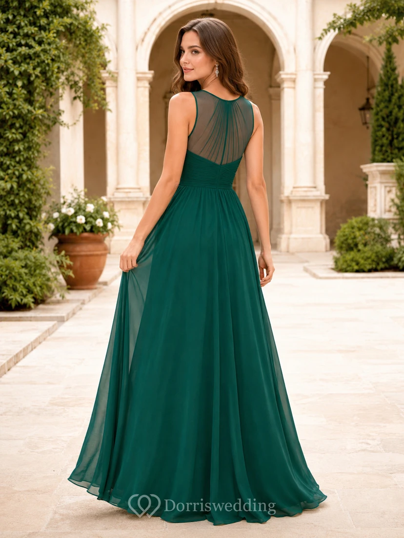 Dark Green Illusion Back Chiffon A-Line Gown view 2