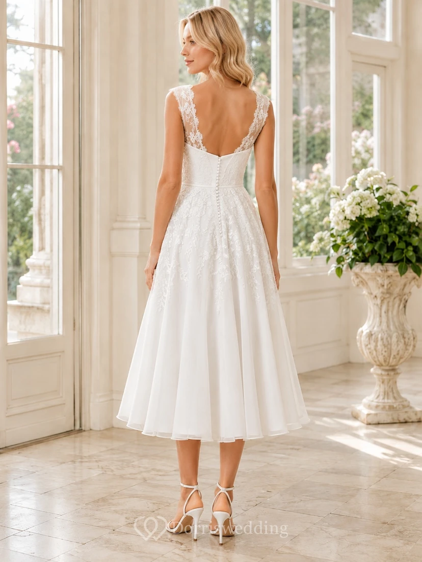 Weißes, romantisches Cocktailkleid aus Tüll und Spitze mit Herzausschnitt, A-Linie, Teelänge view 2