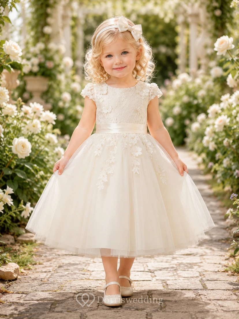 Vestido de niña de flores color marfil, romántico, largo hasta la rodilla, tul, corte en A, corpiño de encaje, mangas cortas, lazo con botones de perlas.