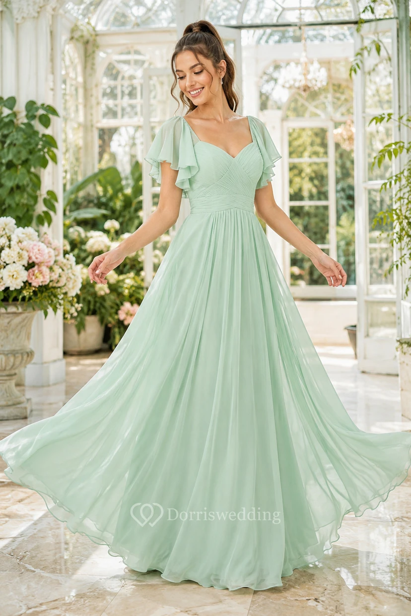 Mint Green Chiffon A-Line Bridesmaid Dress with V-Neck, Flutter Sleeves and Bow Back