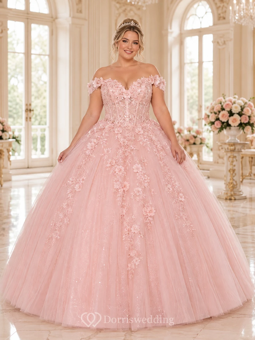 Romantisches, schulterfreies Prinzessinnen-Ballkleid aus Tüll mit herzförmigem Ausschnitt und Applikationen in zartem Rosa