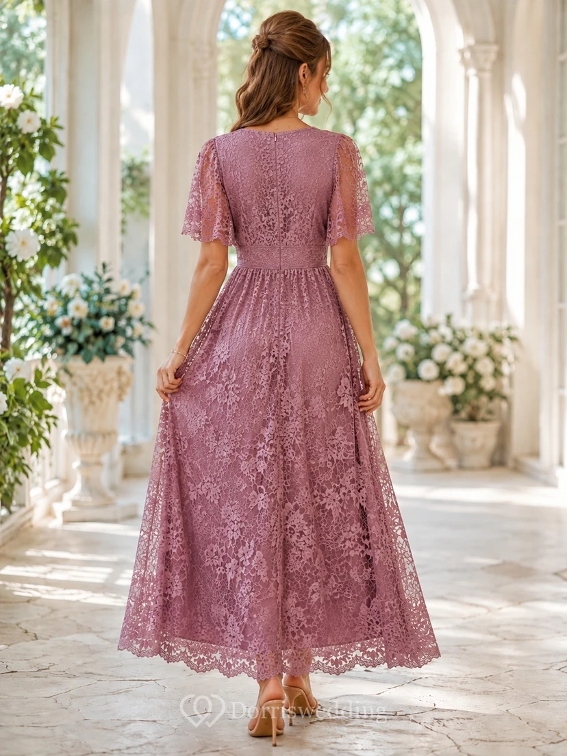 Vintage Mauve Romantic Elegant V-Neck Short-Sleeve Lace Draped A-Line Floor-Length Formal Dress view 2