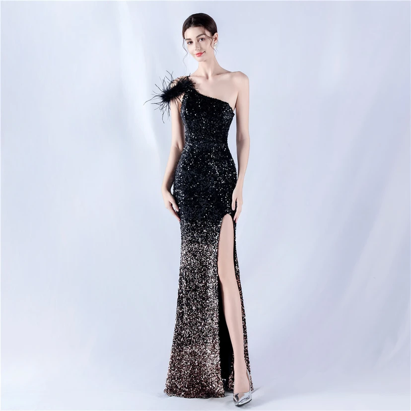 Gradient Velvet Bottom Sequins Craft Beading Ostrich Hair One-Shoulder Oblique Collar High-Slit Evening Dress view 30