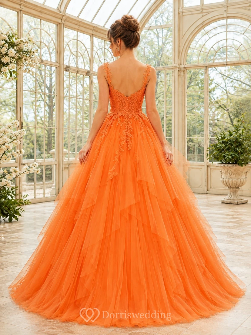 Luxury Orange Floral Applique Strapless Tulle Ball Gown Floor-Length Prom Dress view 2