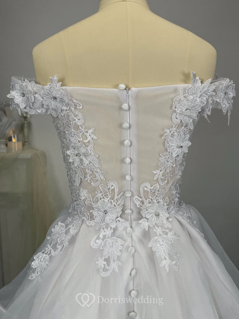 White Short A-line Empire Ruffled Layered Dress with Lace Top view 6