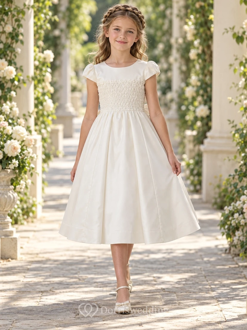 Tea-length Country Ivory A-line Smocked Cap-sleeve Gathered Bow-back Flower Girl Dress
