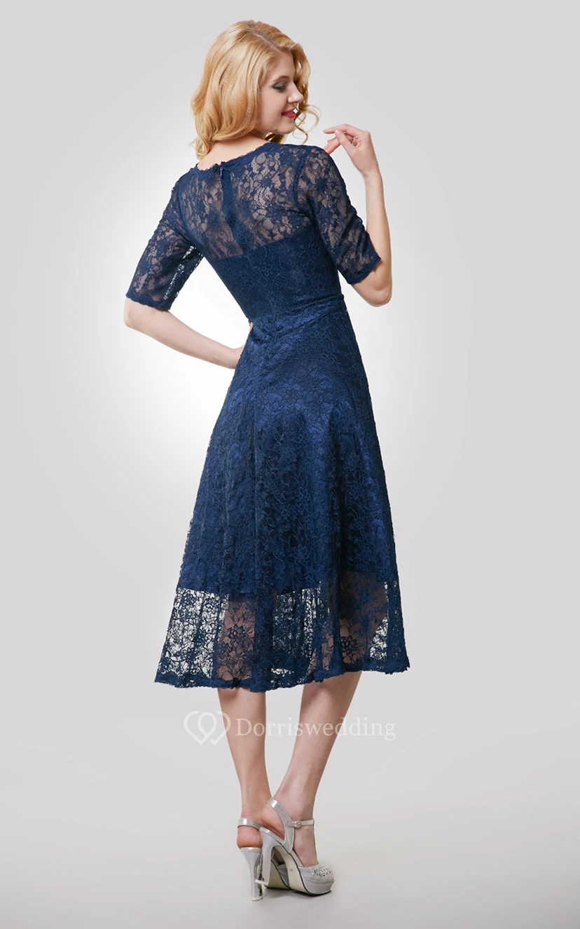 Half Sleeve Lace Tea Length Dress With Jewel Neckline view 3