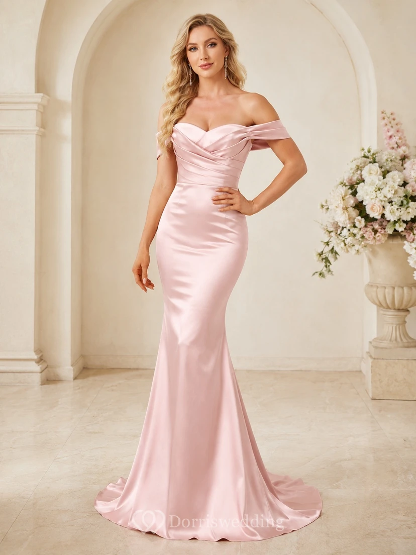 Blushing Pink Ruched Off-Shoulder Mermaid Floor-Length Satin Sweep Train Sexy Prom Gown