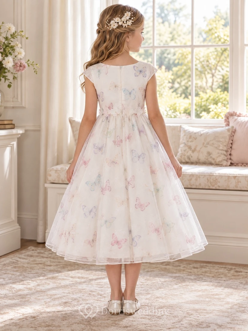 Tea-length Ivory Bateau Cap Sleeve Butterfly Bow Organza Flower Girl Dress view 2