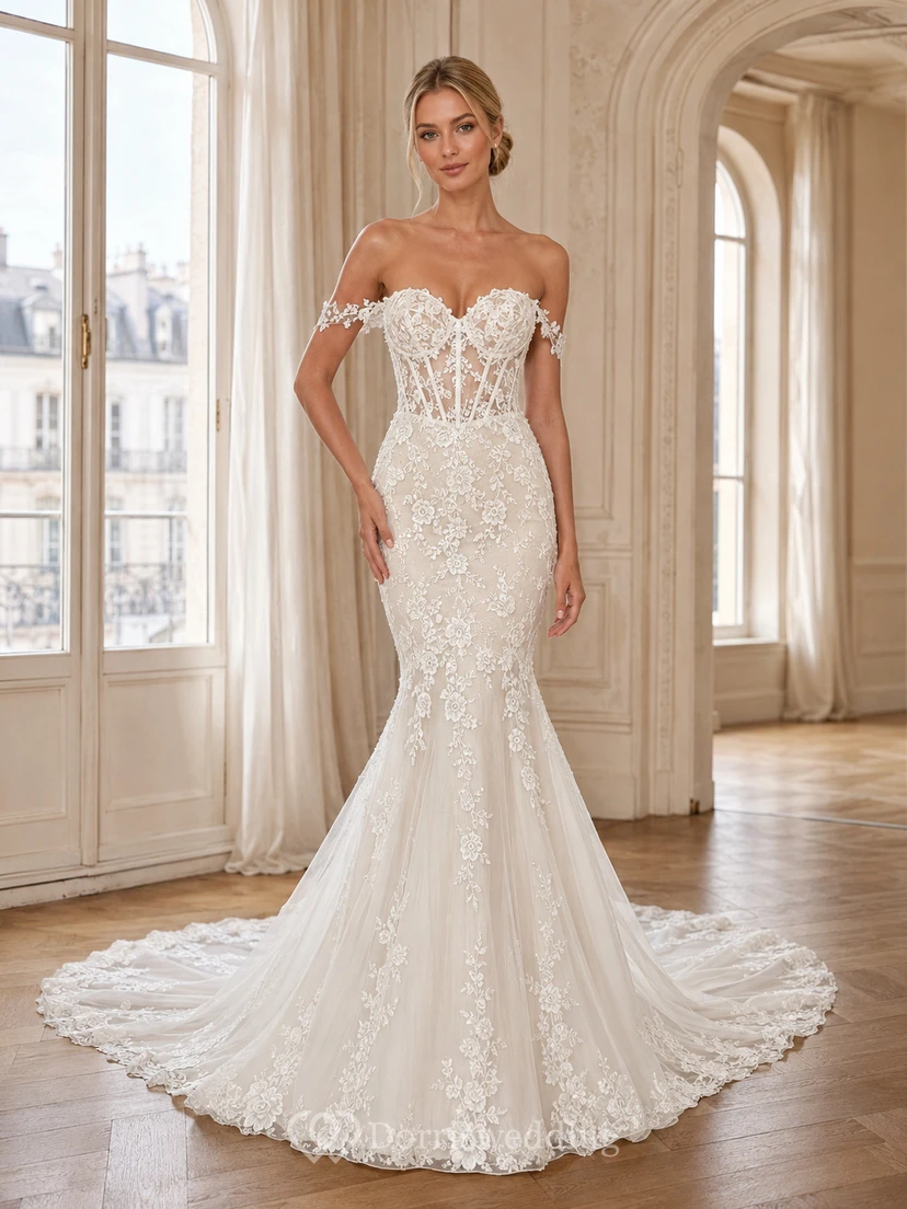 Robe de mariée sirène romantique en dentelle florale à épaules dénudées et traîne chapelle