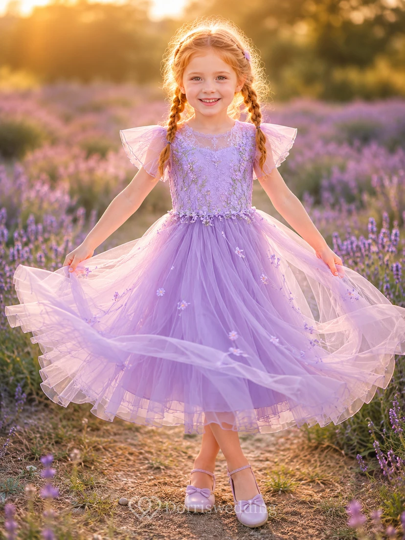 Blumenmädchenkleid aus lavendelfarbenem Tüll, A-Linie, Rundhalsausschnitt, Teelänge