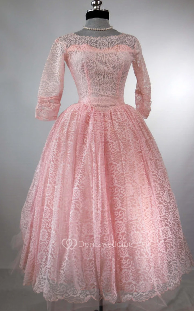 Vintage Long-sleeved Lace Ball Gown With Ruffles