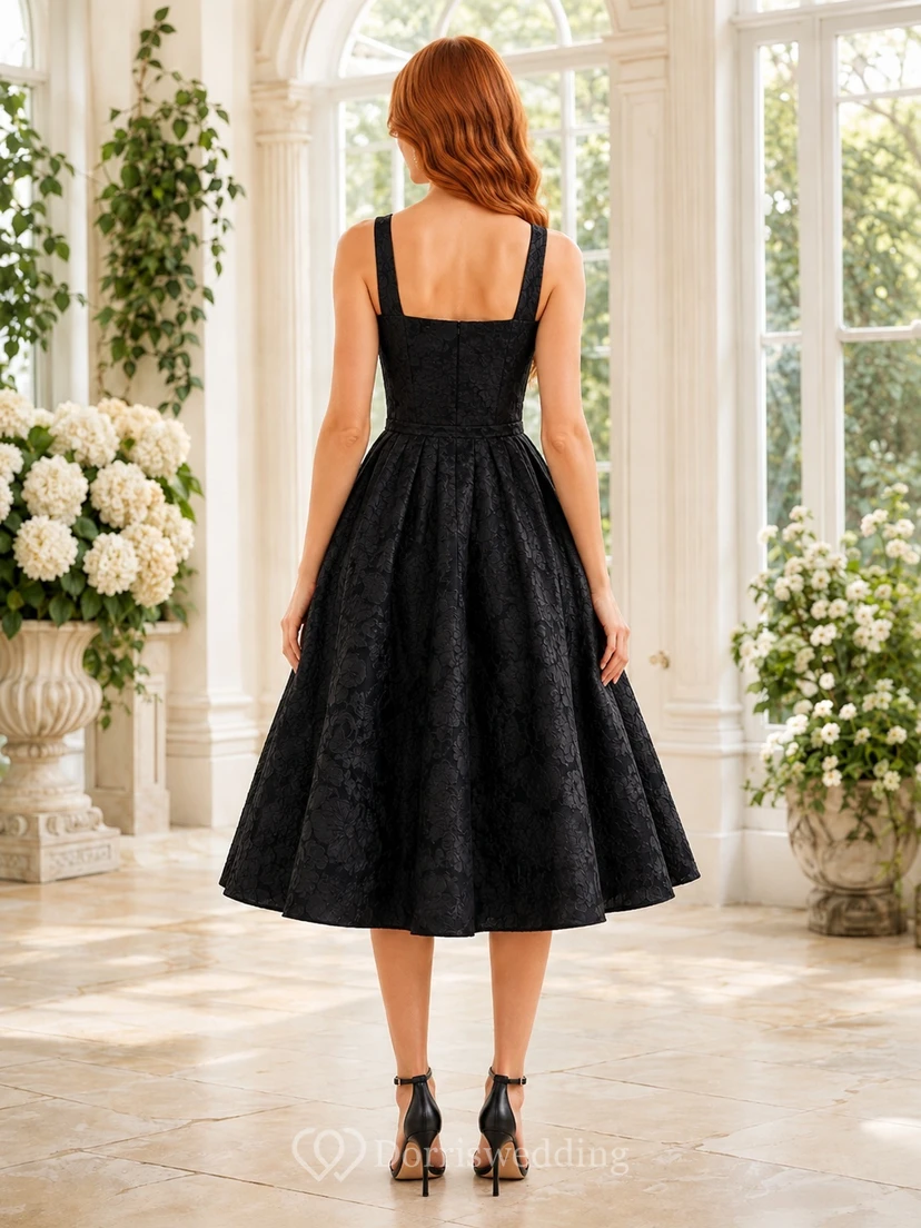 Schwarzes Vintage-Cocktailkleid aus Taft mit floralem Jacquardmuster, Trägern und A-Linien-Schnitt in Teelänge view 2