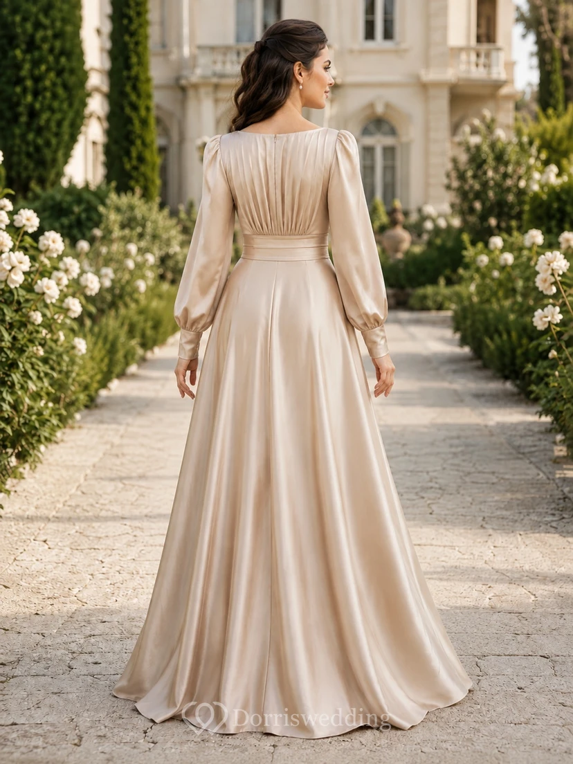 Champagne Modest High Neck Long Sleeve Satin A-Line Evening Dress view 2