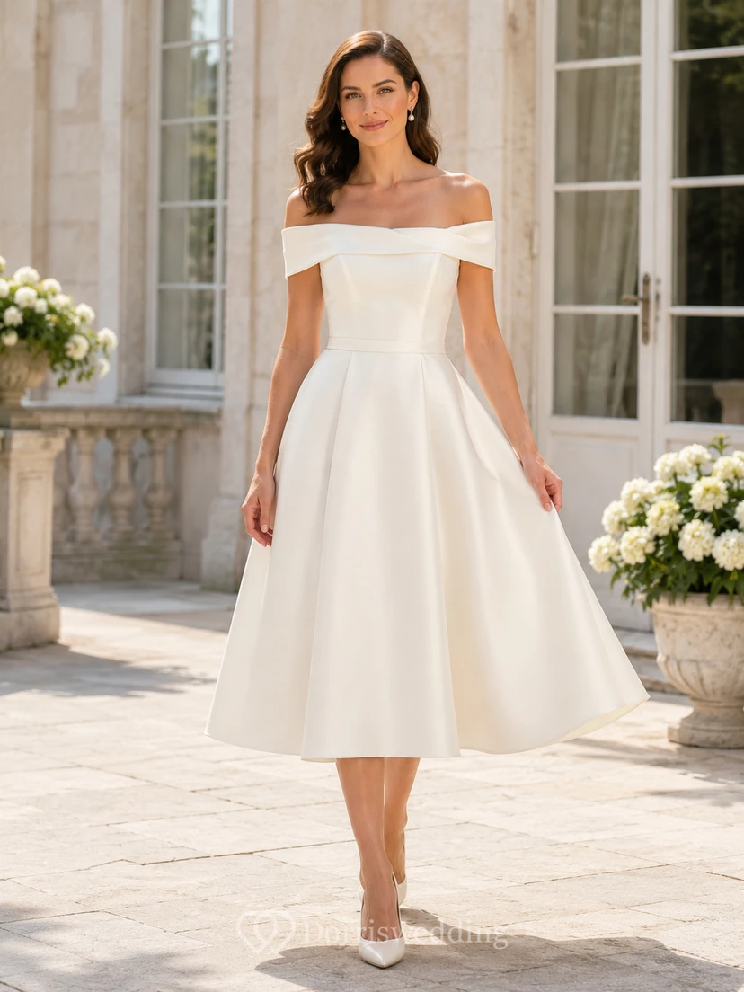 Robe de réception de mariage classique vintage en satin, coupe trapèze, épaules dénudées, longueur thé