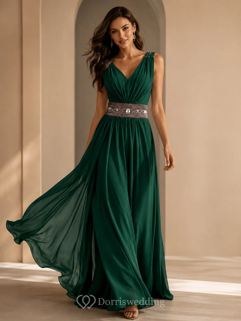 Sleeveless V-neck Long Chiffon Gown With Rhinestone view 3