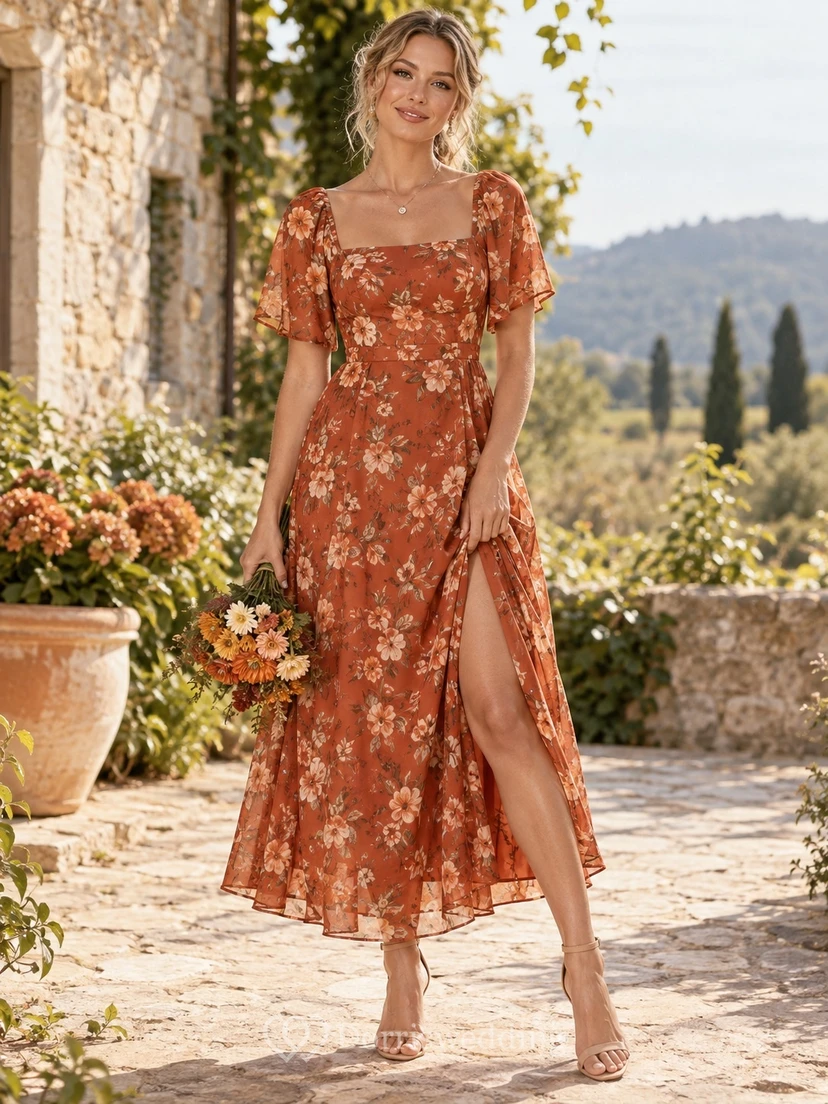 Vestido de gasa de manga corta con escote cuadrado y abertura, estampado floral color caqui, largo hasta la rodilla.