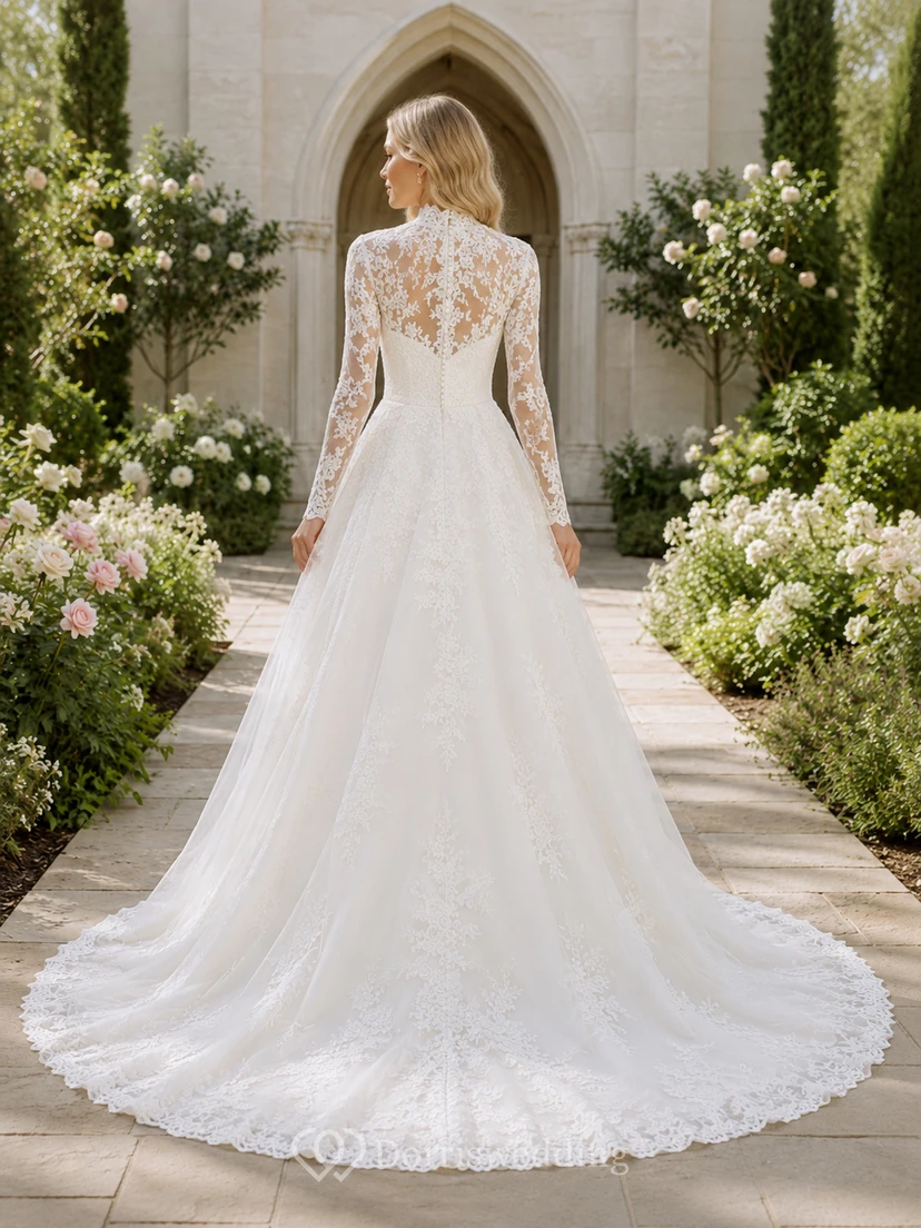 High Neck Long Sleeve Lace Chapel Garden Wedding Dress view 2