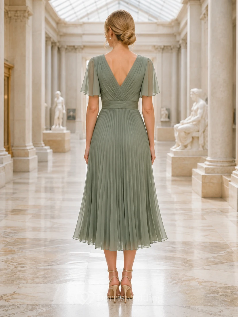 Museum Sage V-Neck Chiffon A-Line Tea-Length Pleated Short Sleeve Dress view 2