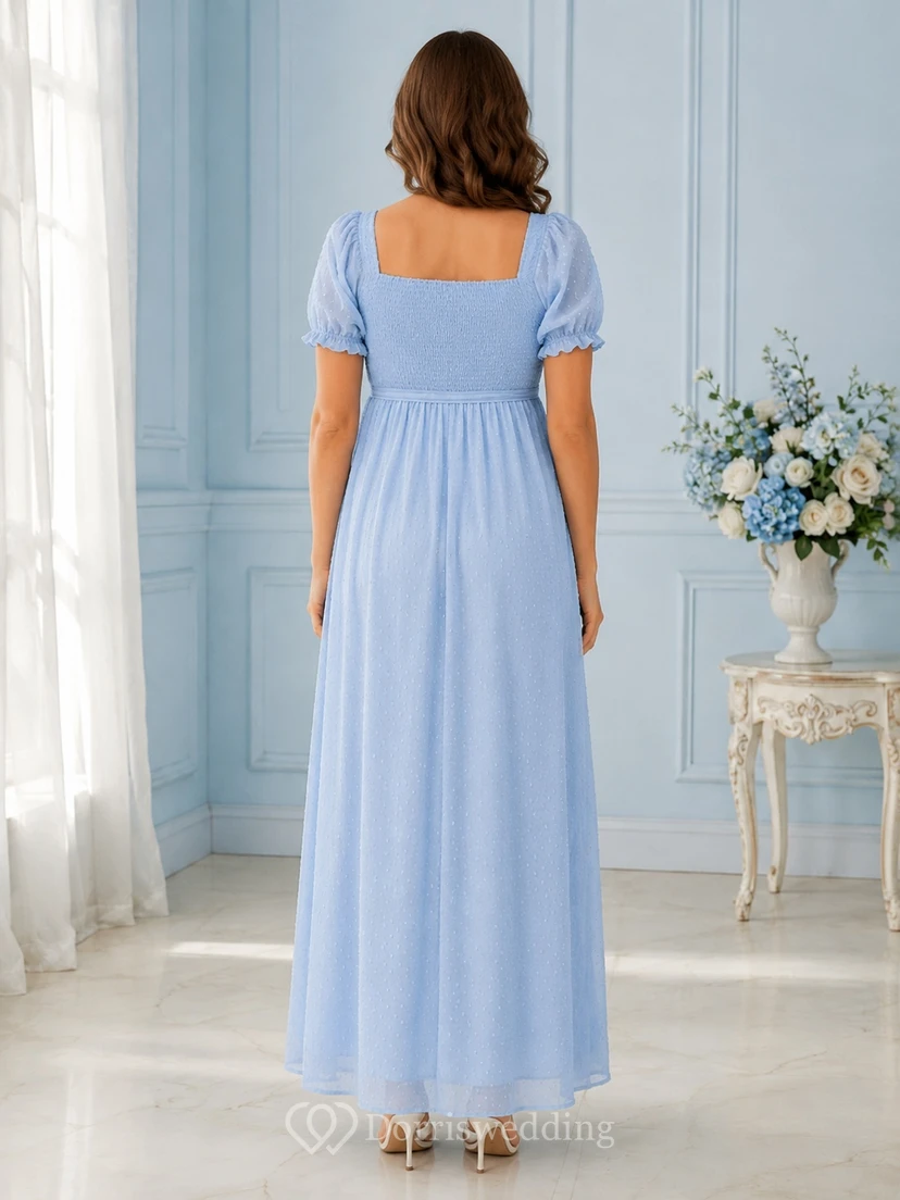 Sky Blue Chiffon Square Neck Puff Sleeve Empire Floor-length Maternity Guest Dress view 2