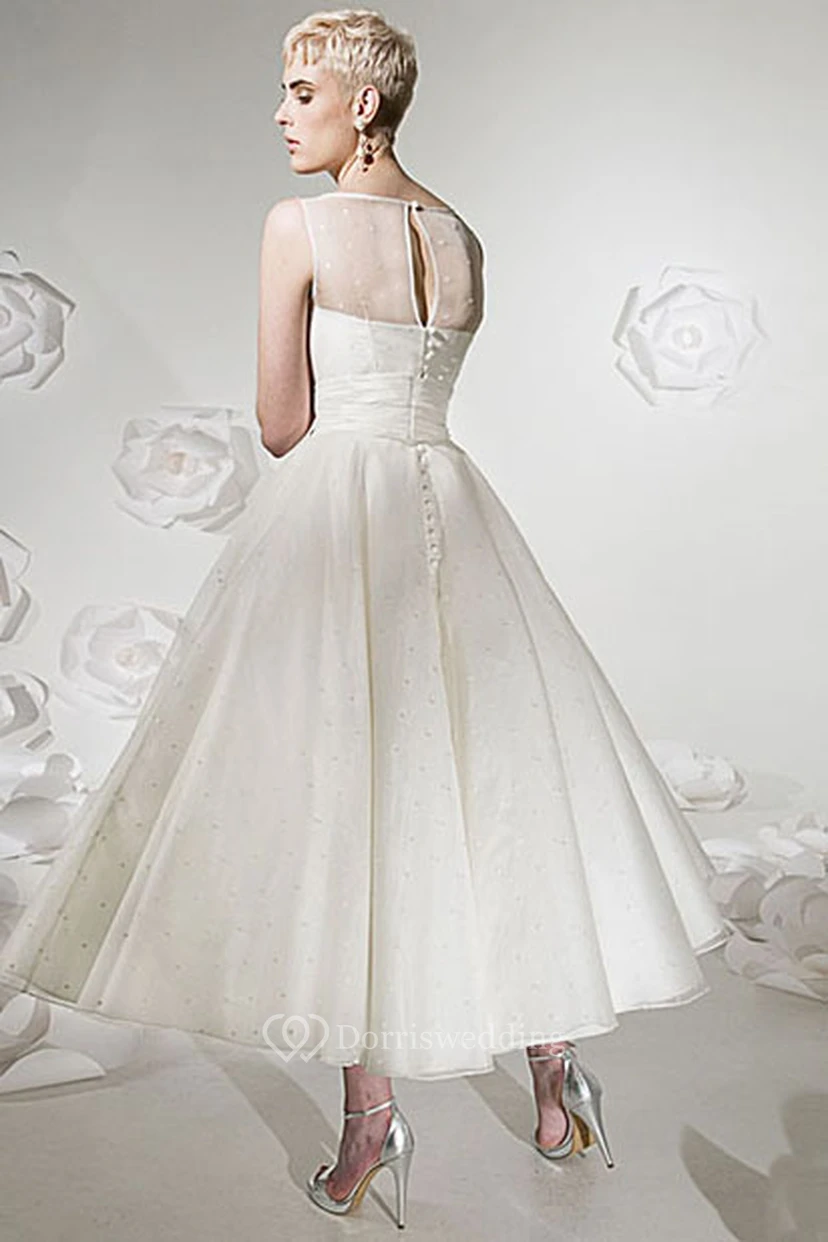 A-Line Tea-Length Sleeveless Jewel-Neck Tulle&Satin Wedding Dress With Ribbon And Illusion view 2