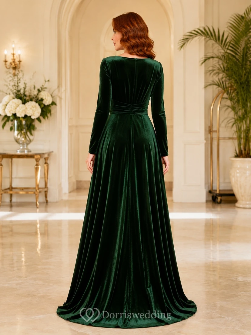 Modest Dark Green Long Sleeve V-Neck Velvet A-Line Floor-Length Evening Gown view 2