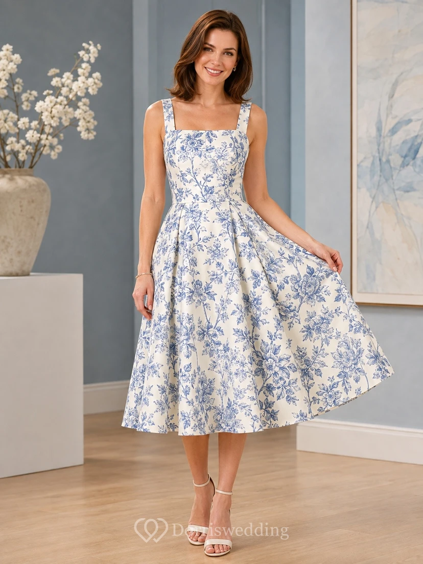 White Casual Romantic Square Sleeveless Chiffon Floral A-Line Tea-Length Formal Dress