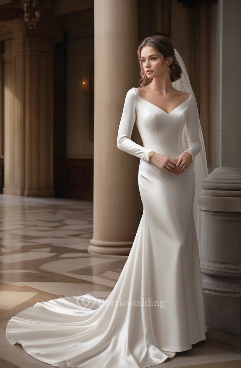 Simple Satin Long Sleeve Sheath Wedding Dress with Court Train and Keyhole Back view 5